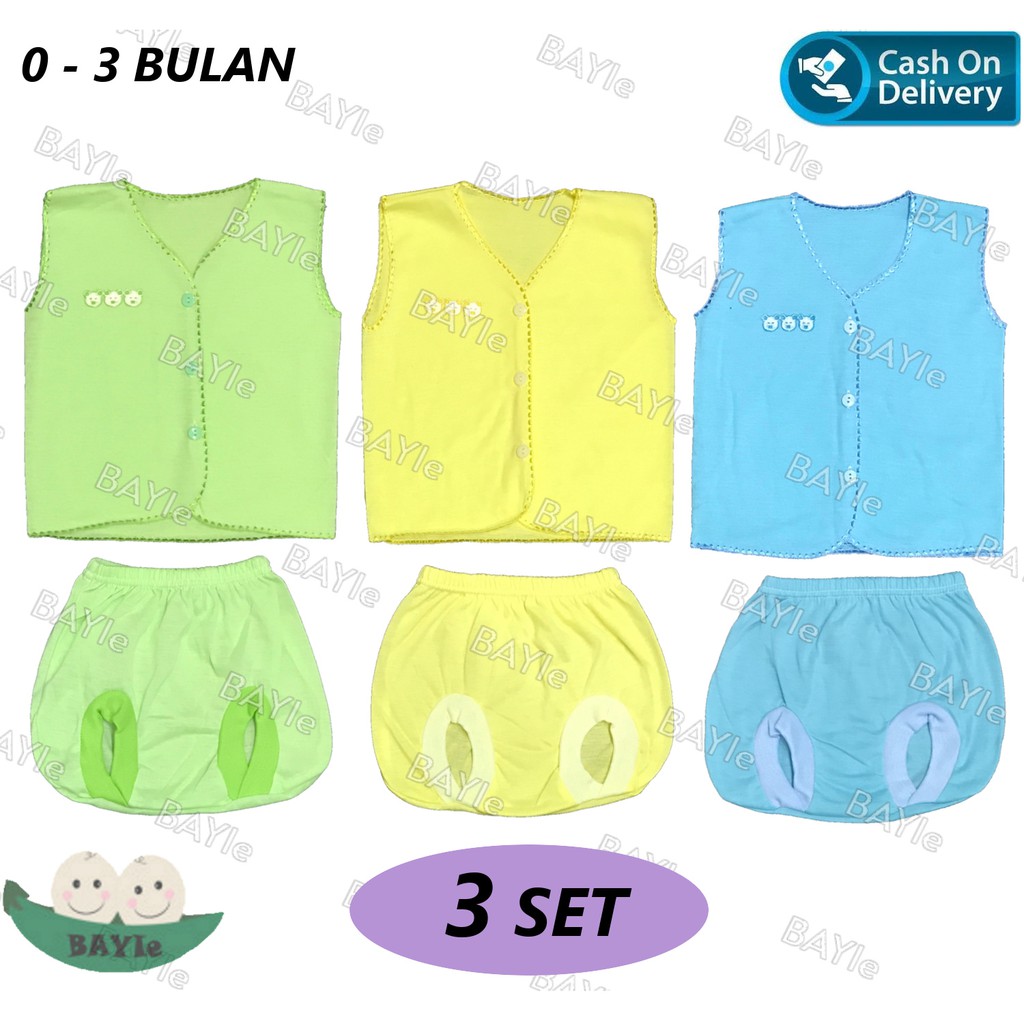 BAYIe - 3 SET Setelan Baju Bayi Kutung+Celana Kacamata Polos WARNA 0-3 bulan