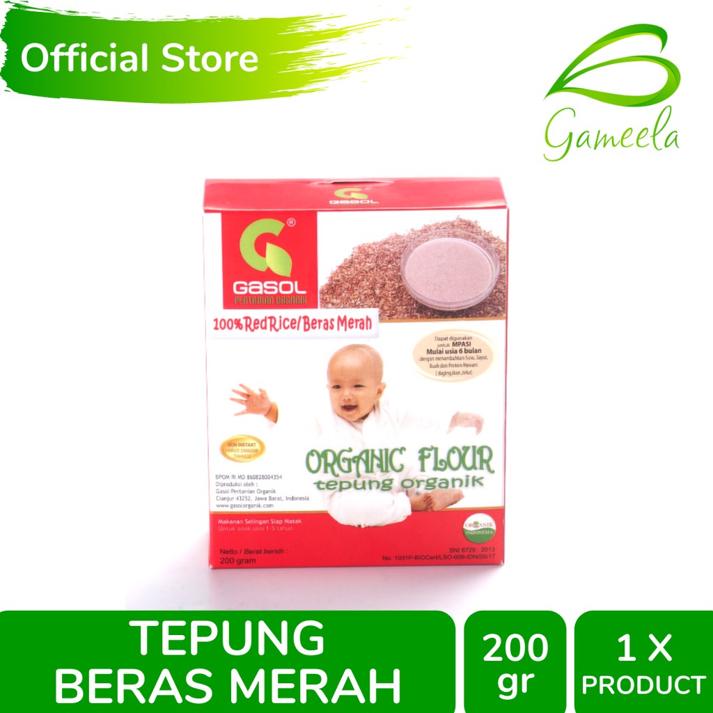 Gameela Tepung Organik Gasol Beras Merah 200 Gr Halal MUI Bahan Makanan Pendamping ASI Bayi Non GMO
