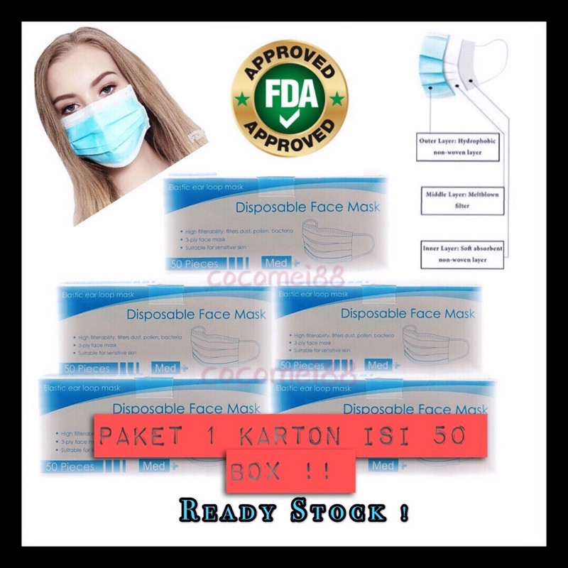 Jual 1 Karton Isi 50 Box Masker 3ply/Disposable Mask MED+ | Shopee ...