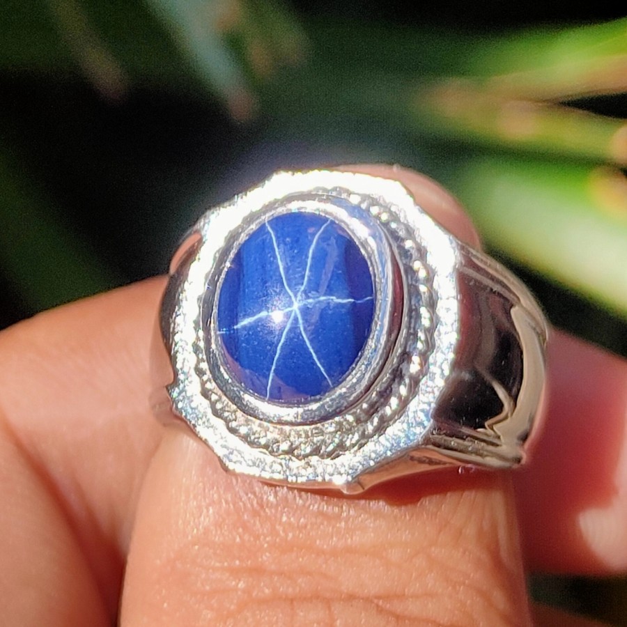 Cincin Titanium Batu Akik Permata Blue Safir Sapphire Star Ring Silver