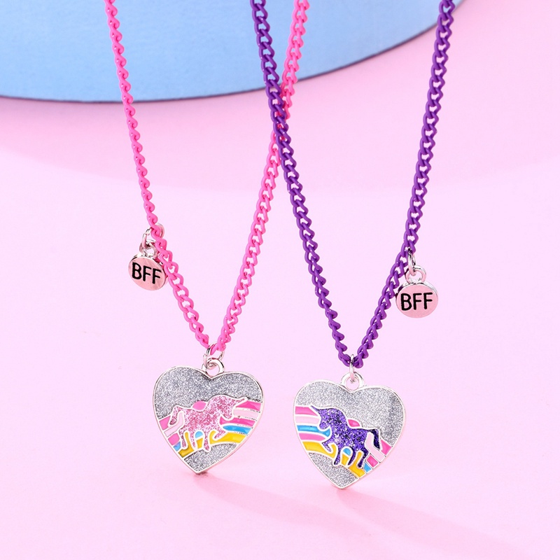 2pcs / Set Kalung Rantai Liontin Hati Unicorn Warna-Warni Untuk Wanita