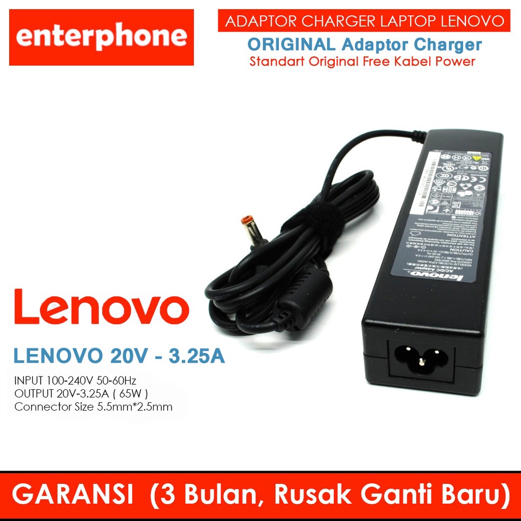 CHARGER LAPTOP LENOVO 20V - 3.25A STANDART ORIGINAL FREE KABEL POWER