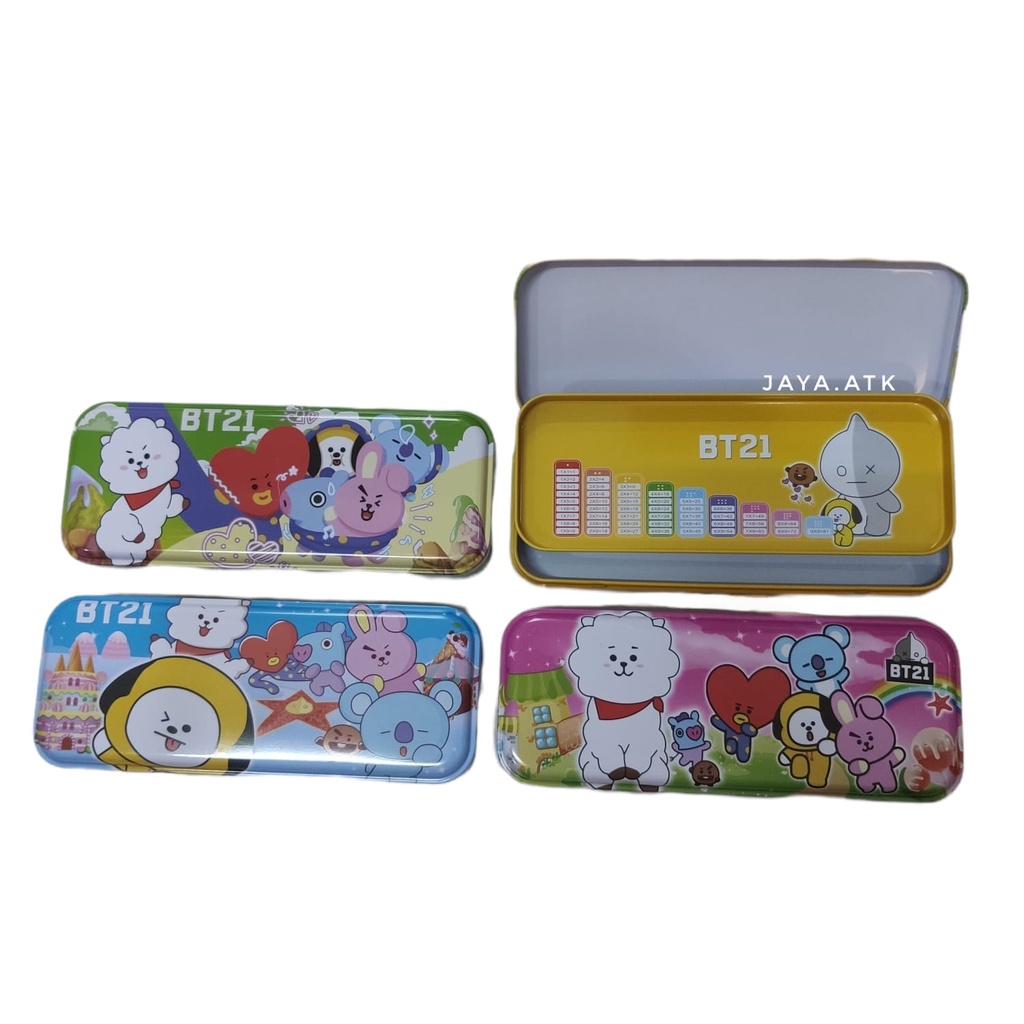 KOTAK TEMPAT PENSIL KALENG BTS BT21 LUCU 2 SUSUN KARAKTER ANAK LUCU MURAH SOUVENIR KADO