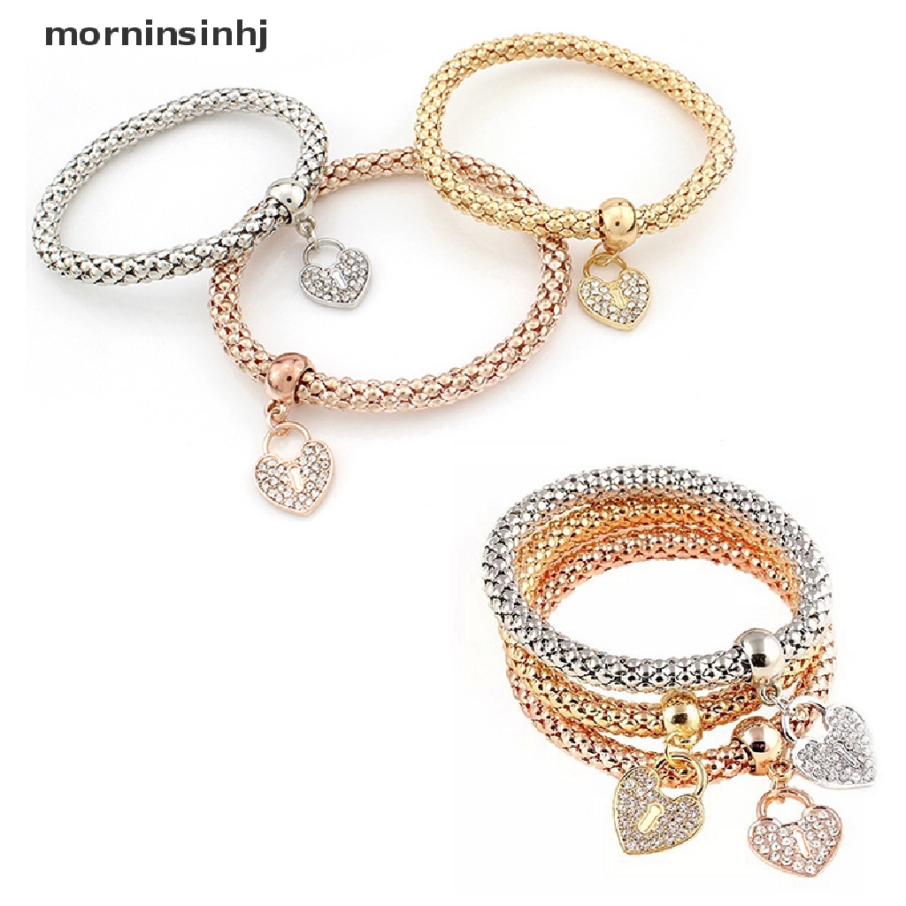 Mornin 3pcsset Gelang Bangle Elastis Dengan Charm Hati Aksen Berlian Imitasi Untuk Wanita