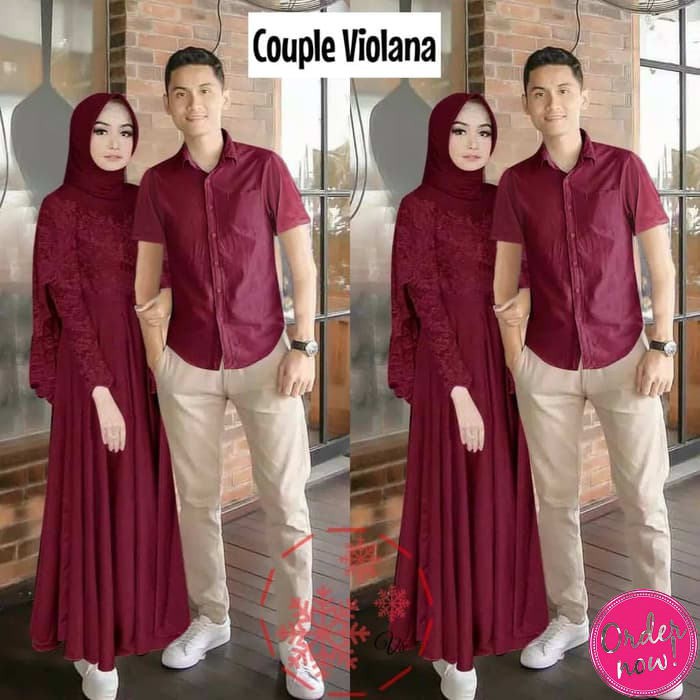 Sarimbit Baju Lebaran 2021 Keluarga Muslim Rama Bahan Toyobo Mura RP448 Couple Viola Maron [Baju Co