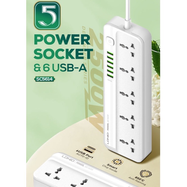 LDNIO SC5614 DEFENDER SERIES - Colokan Listrik Ekstension 5 Socket Universal dengan 6 USB Port