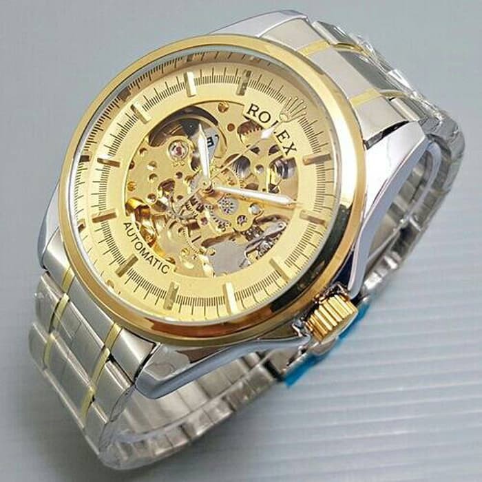 Jam Tangan Pria Rolex Skeleton Big Size Ethnic Rantai Kombi Gold Army
