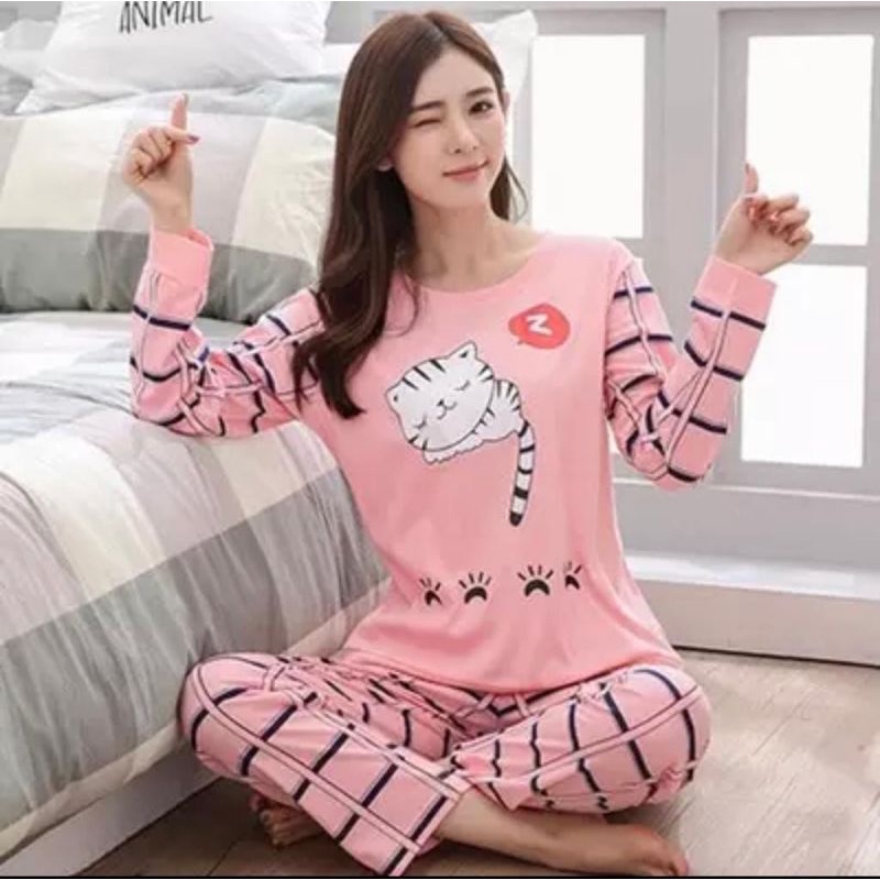 BAJU TIDUR WANITA DEWASA/PIYAMA RENDA PP/BAJU TIDUR IMPORT MURAH-Pp cat sleep