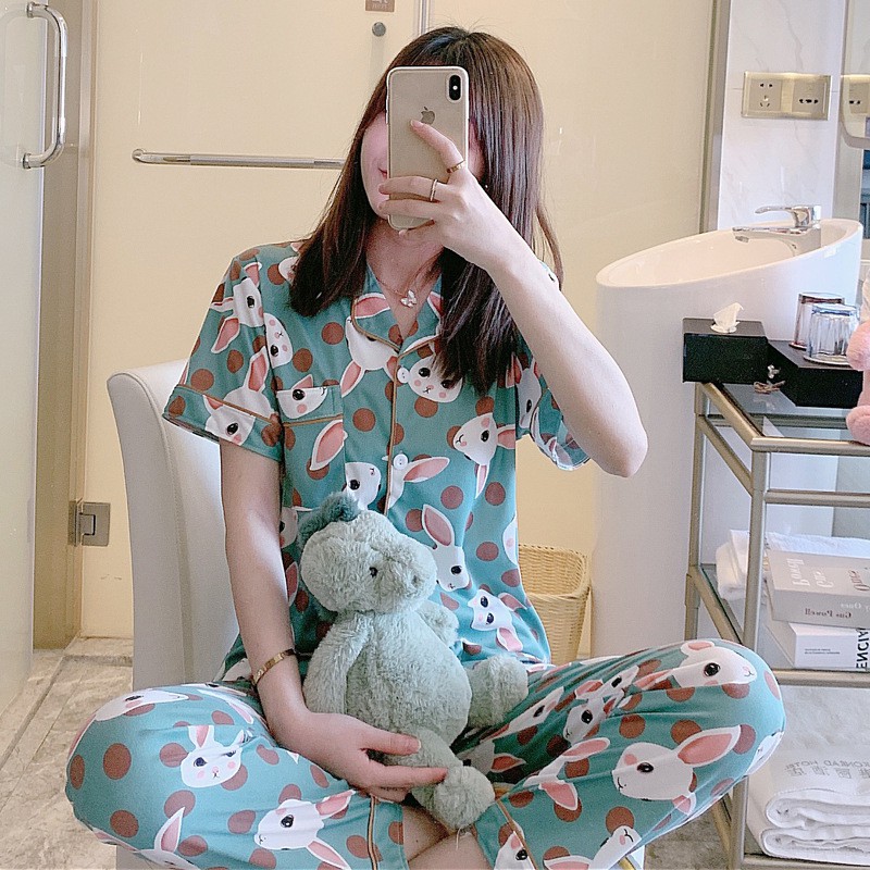 BAJU TIDUR PIYAMA SET KEMEJA CP LENGAN PENDEK CELANA PANJANG IMPORT PREMIUM BANYAK MOTIF PART 2-Rabbit Green