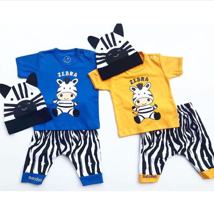 Baju setelan kaos celana topi gambar zebra pergi jalan casual fashion anak bayi cowok laki murah zeb