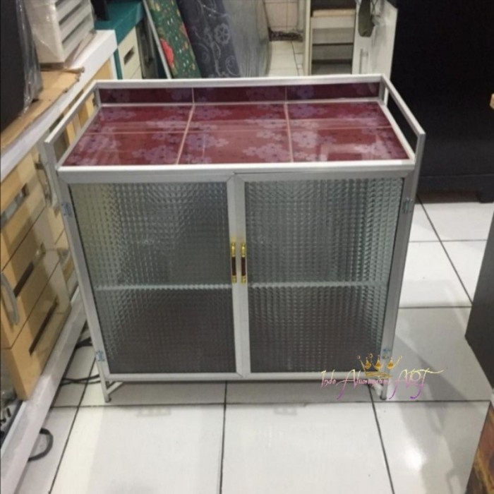 Lemari Rak Piring / Meja Dapur Pintu 2 Bahan Alumunium Kaca Tebal