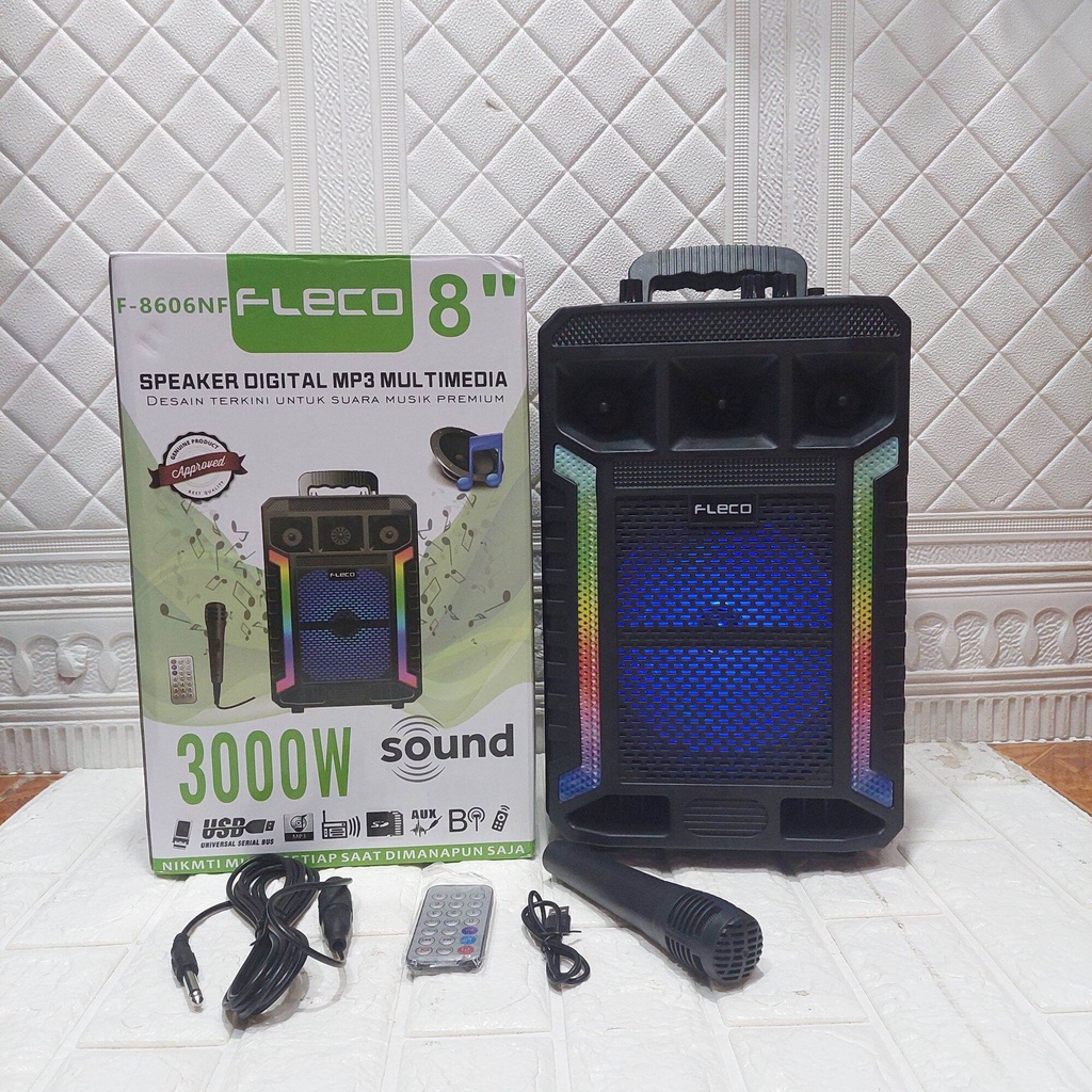 TERBARU Speaker Bluetooth FLECO F-8606NF uk 8 Inchi Free Mic + Remote/Speaker Karaoke /FM Radio/USB/Memory Card