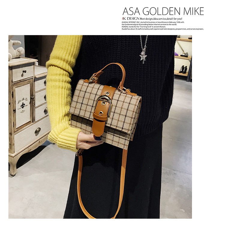 TM-52 tas wanita grid brown autumn warm tone kotak messenger bag selempang import korea jepang