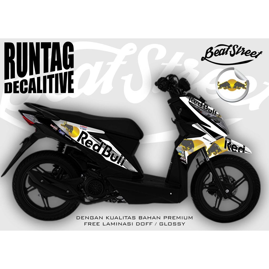 stiker decal striping motor beat street putih red bull