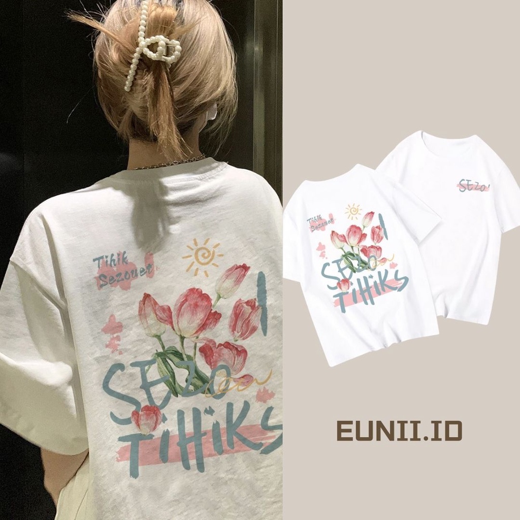 EUNII T-shirt Lengan Pendek Merah Muda Tulip Pencetakan Longgar Korean Style/Kaos Atasan Wanita/Baju Kaus Oversize Wanita