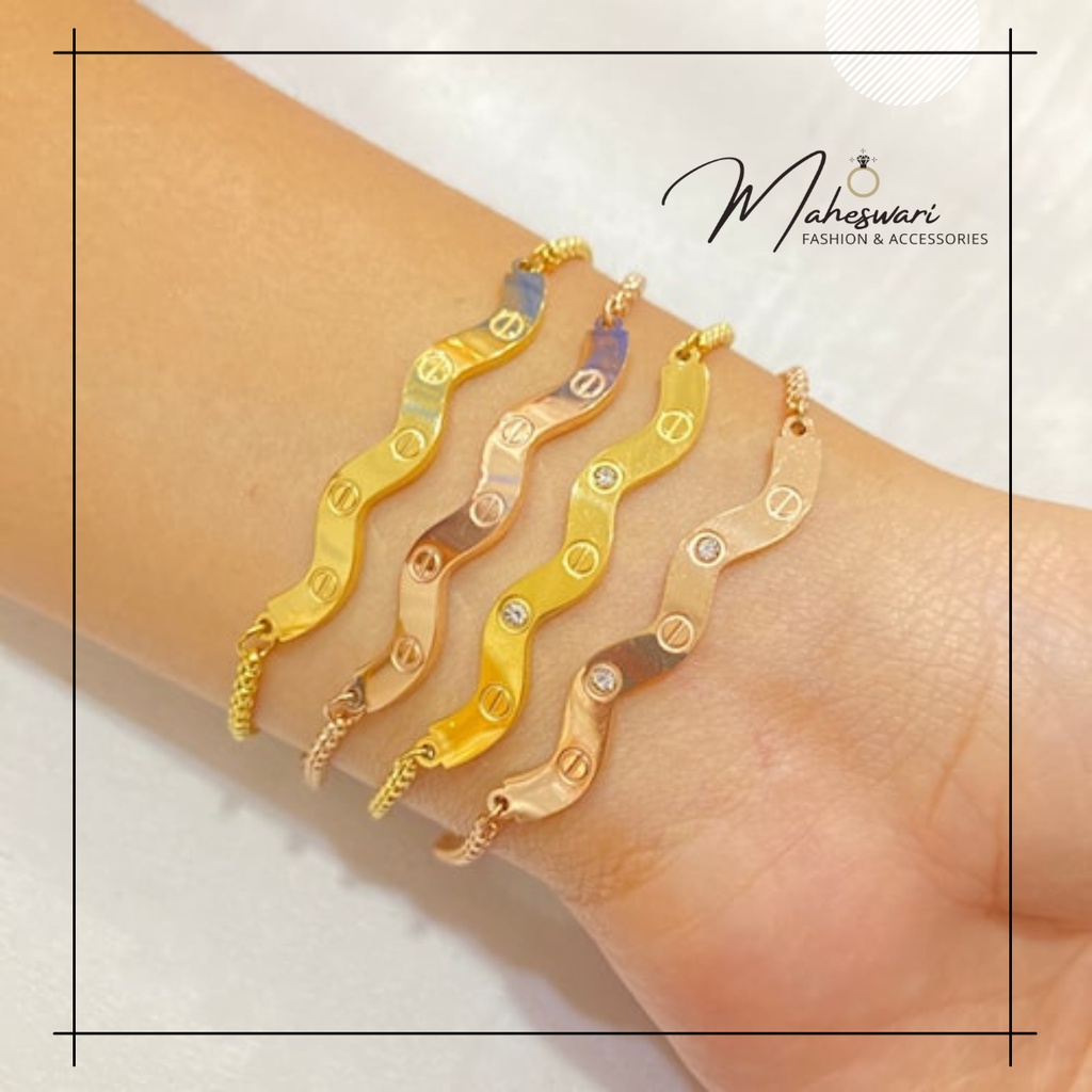 Gelang Titanium Wanita Anti Karat Gelang Serut Vintage Perhiasan Titanium Asli Berlapis Emas Import 