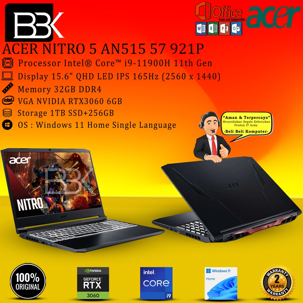 ACER NITRO 5 AN515 57 921P I9 11900H 32GB 1TB+256 RTX3060 6GB 15.6QHD