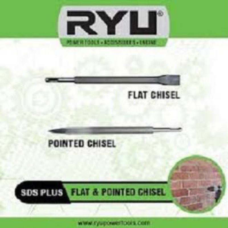 RYU SDS Plus Flat Pointed Chisel 14x280mm Mata  Bor SDS Pahat Beton