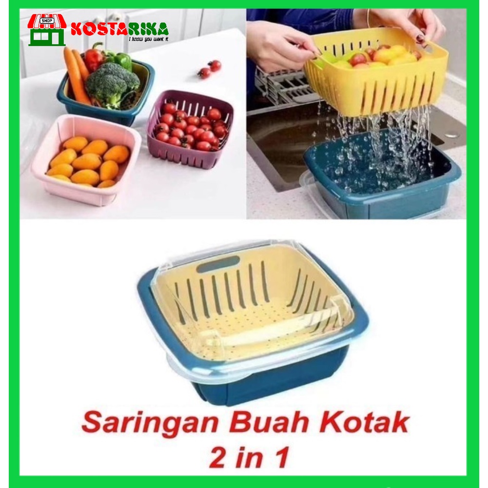 KOSTARIKA Keranjang Buah Saringan Sayur 2 in 1 Lapis Serbaguna Wadah Baskom Cuci Tirisan Sayuran Dengan Tutup