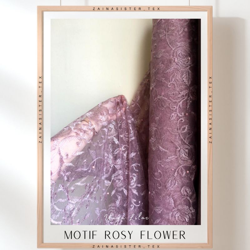 Kain Brokat Tile Mutiara Rose Flower Motif Bunga Mawar Warna Ungu Lilac