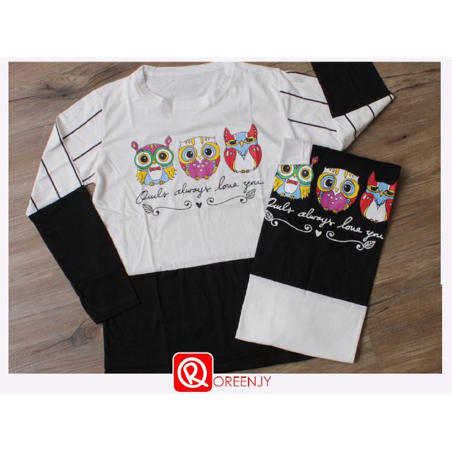 010178 kaos tangan panjang owl / kaos tangan panjang wanita