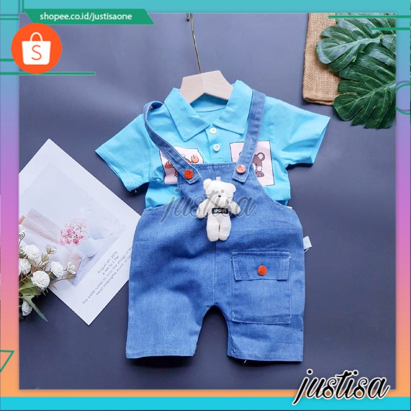 Promo !! Setelan anak perempuan import / Setelan 2in1 crab bear button Ukuran 7 bulan - 3 tahun