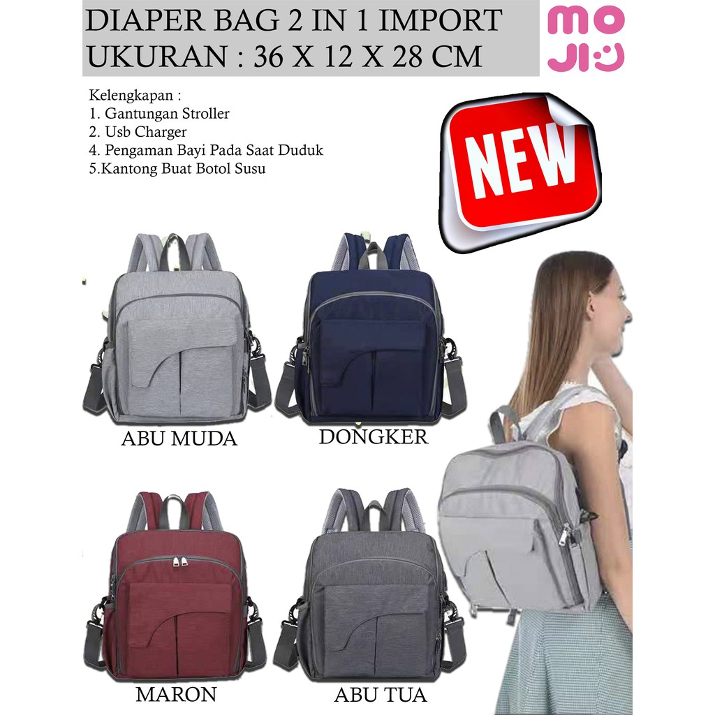 Moji- Diaper bag 2in1 / Tas Popok Bayi / Tas Perlengkapan Keperluan Bayi / Traveling Bayi / Diaper Bag Multifungsi