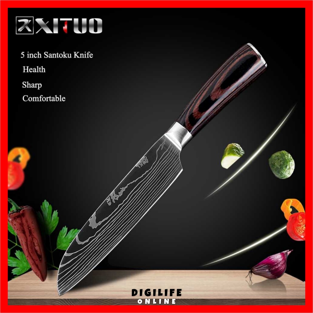 Pisau Dapur Chef Santoku Knife 5 inch Stainless Damascus Potong XITUO