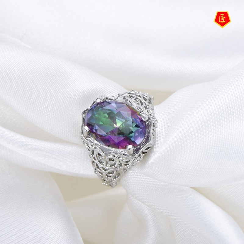 [Ready Stock]Colorful round Gemstone Ring Retro Fashion