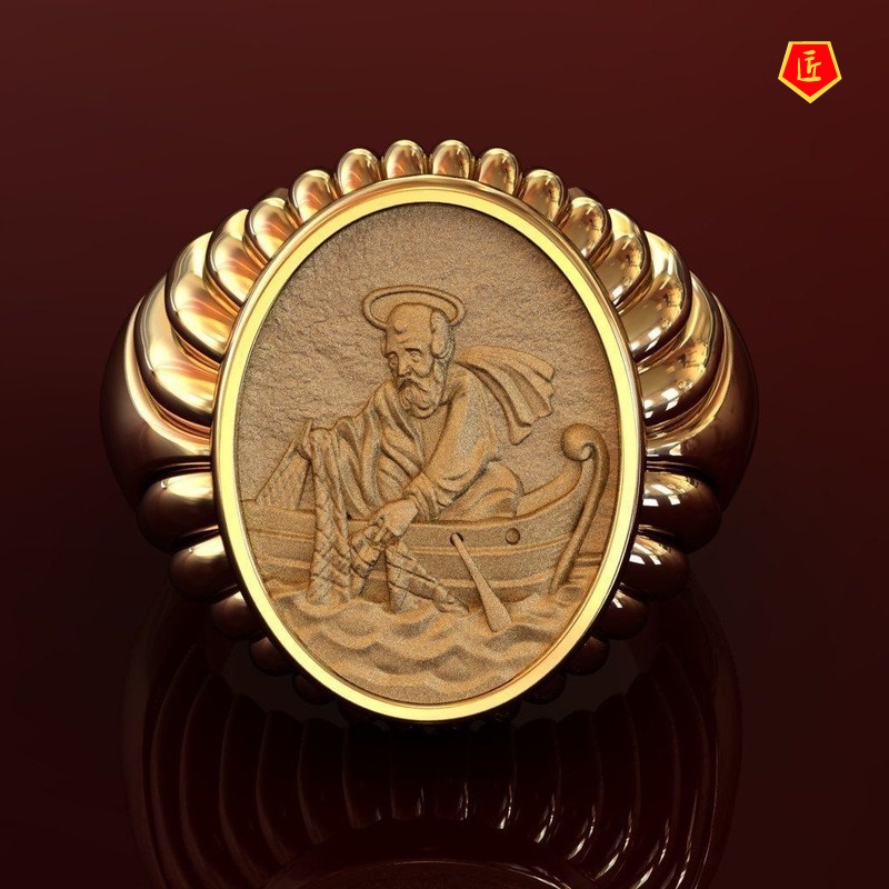 [Ready Stock]Retro Personality 18K Gold Fisherman Statue Man's Ring