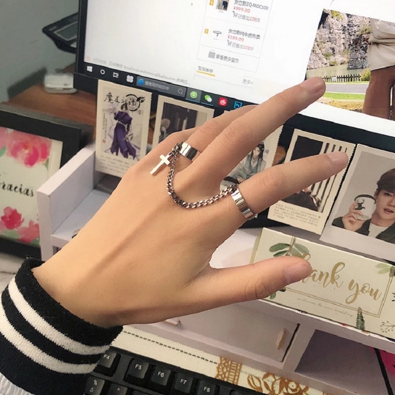 INS Style Simple Chain Cross Combination Ring / Punk Hip-Hop Integrated Ring / Cross Opening Ring Set  Men And Women Trend Jewelry