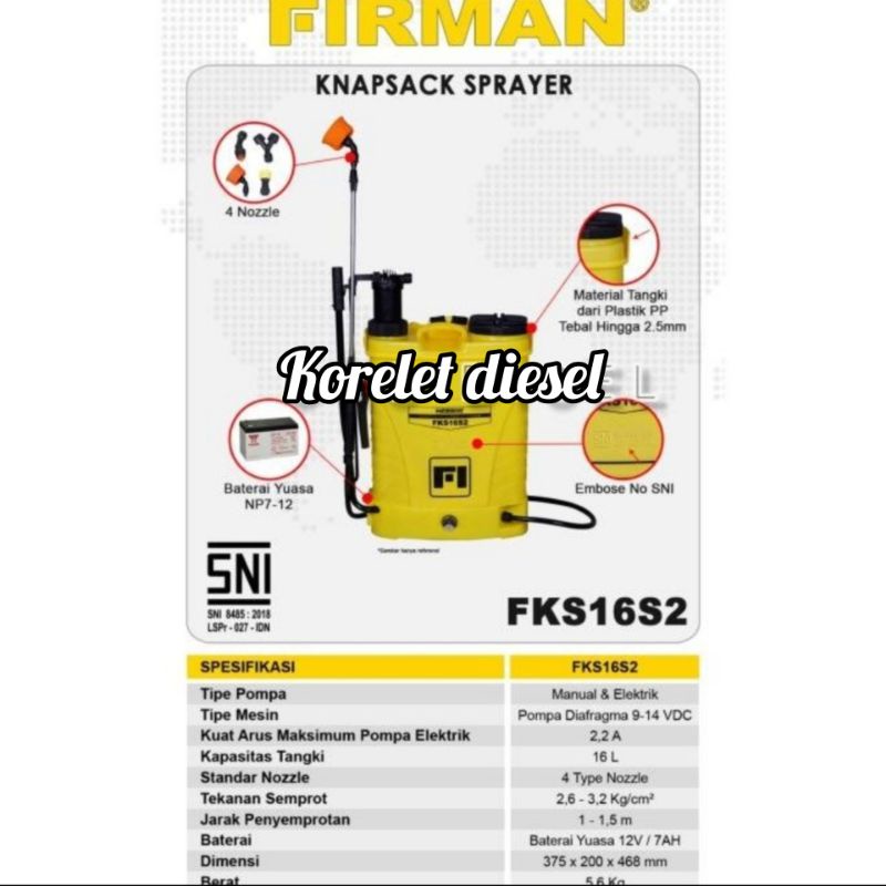 Knapsack Elektrik Sprayer Firman FKS-16S 2in1 SNI