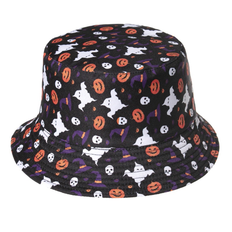 Topi Bucket Motif Print Labu Hantu Halloween Dapat Dibalik