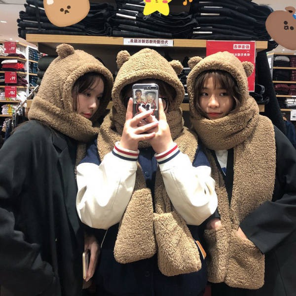 SYBR syal kupluk beruang bulu tebal halus imitasi musim dingin winter shawl