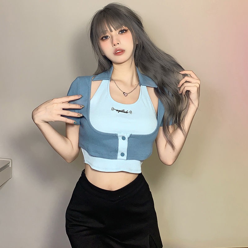 Prove kekinian atasan crop top sweet and cool hot girl design kombinasi T-shirt women fashion sun pr