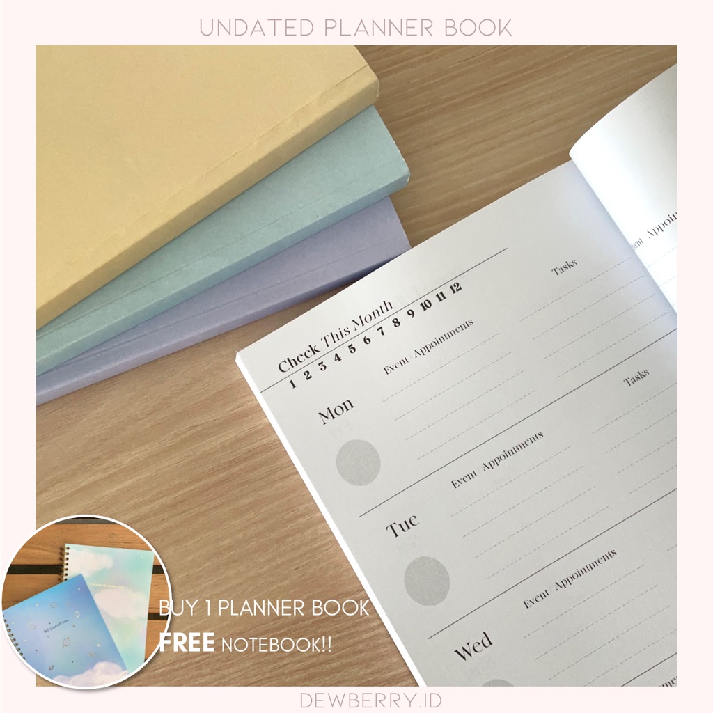 

UNDATED PLANNER BOOK - ONE YEAR Weekly, monthly Agenda (100 GSM, 12 months, Aesthetic notebook, kado ulang tahun, hadiah, notebook murah)