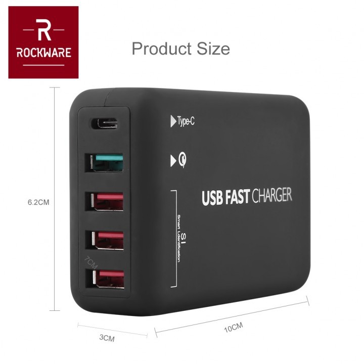 ROCKWARE T2T - Smart Fast USB Charger - 4 USB-A and 1  USB-C - 30W 6A