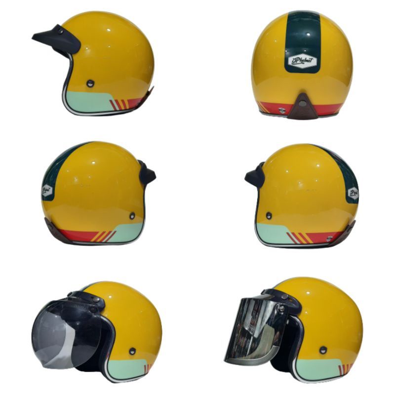 Helm JPX JP New Bigie Combi Retro Yellow List Chrome Plus Kaca