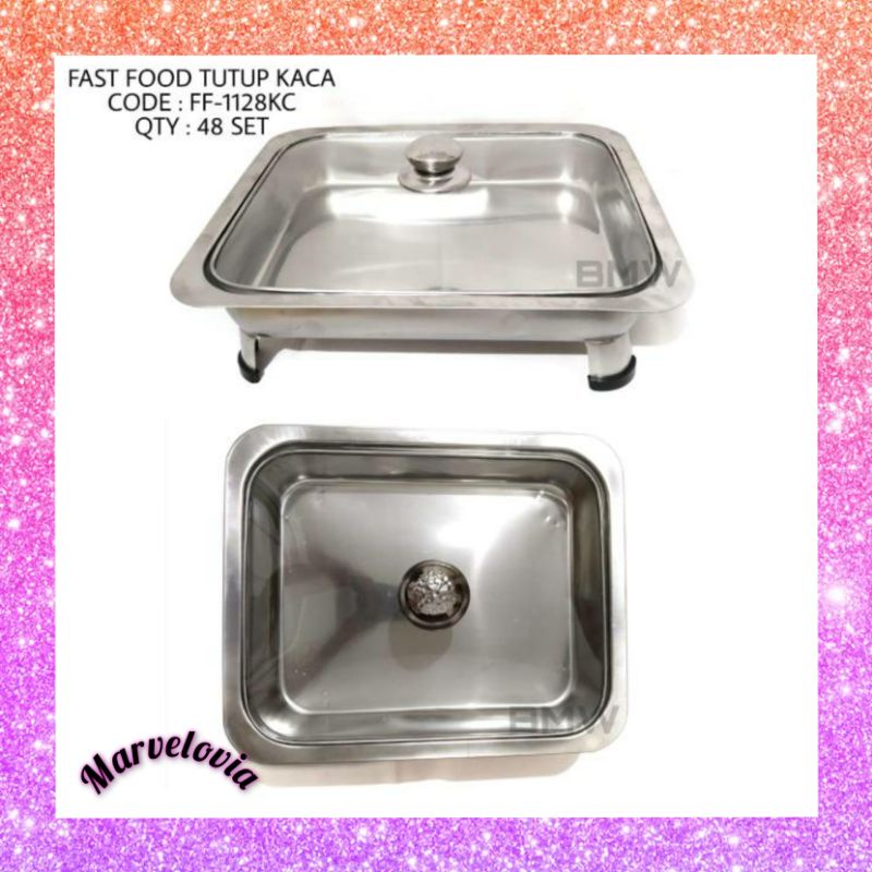 (Tutup kaca full) Fast Food Dish Prasmanan Kotak / Tempat Wadah Saji Makanan Stainless