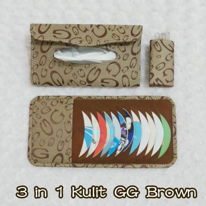Set Tempat kotak cover sunvisor CD tissue tisu dompet kunci STNK mobil KuLiT Gucci coklat 3 Q