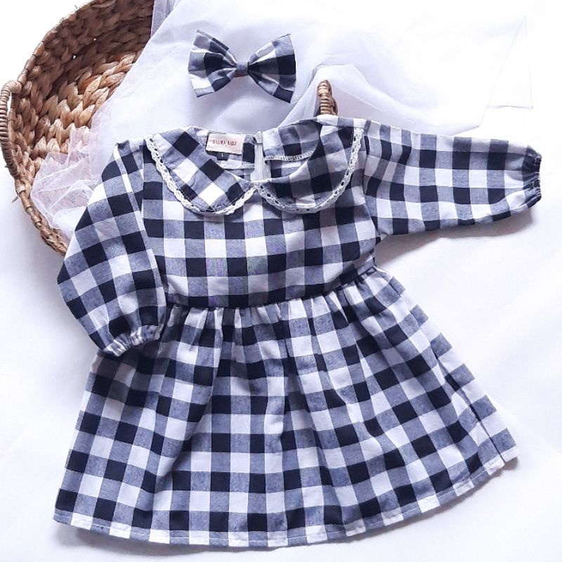GINGHAM TUNIC DRESS ANAK BAYI BAJU ANAK PEREMPUAN TUNIC BAYI GAMIS ANAK BONNIE DRESS BUTTERNUT-Black kotak