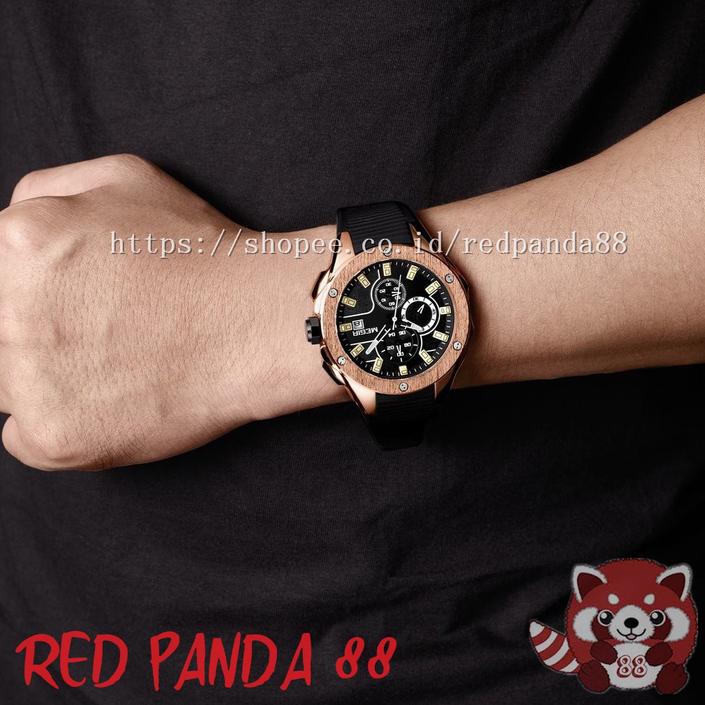 MEGIR 2053G Jam Tangan Pria Quartz Chronograph Sport Anti Air dengan Strap Silikon Hitam Gold