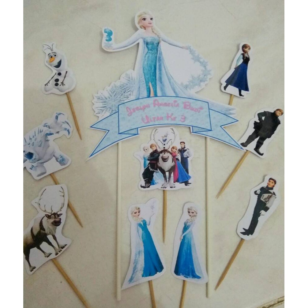 

topper set kue cupcake ulang tahun happy birthday frozen 1 besar + 9 kecil