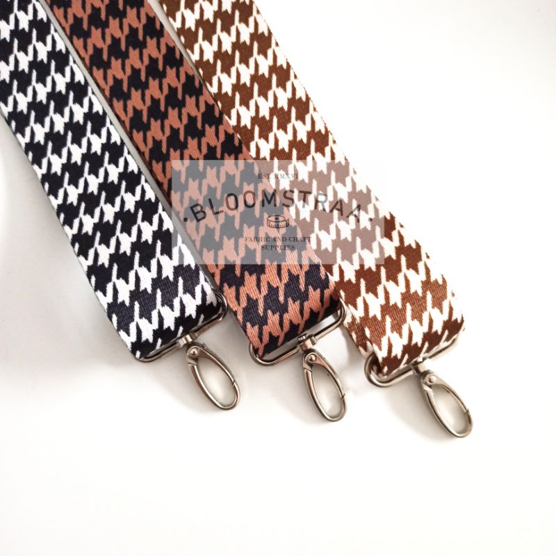 Bag Strap Motif HOUNDSTOOTH 38mm NIKEL Tali Tas Panjang 3,8cm SILVER selempang