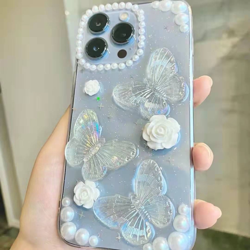 Elira Epoxy Mutiara Bunga Kupu-Kupu Kartun Case Iphone 13 Pro Max12 /11 Pro Max/Mini Xs Max Xr X8 7Plus Epoxy pearl butterfly