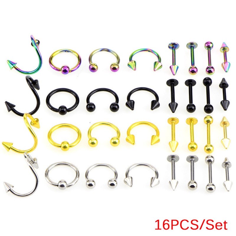 16pcs / set Anting Tindik Alis / Lidah / Perut Bentuk Spiral Bahan Stainless Steel