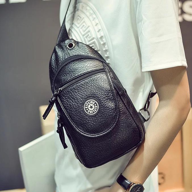 Tas Kulit Kipling Kualitas Import Leather Bag Selempang Sling Pria - Hitam Terbaik