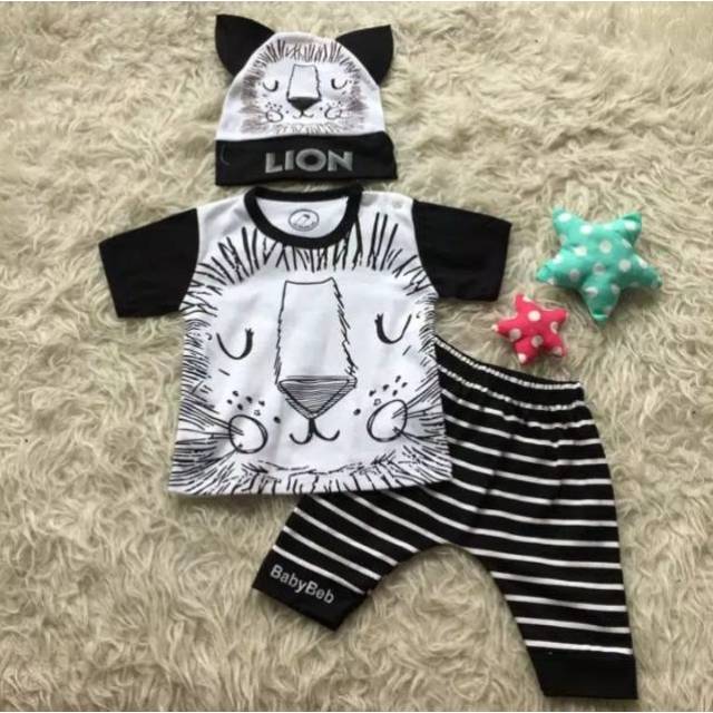 Baju setelan kaos celana topi motif singa lucu pergi jalan fashion anak bayi cowok laki murah -bab