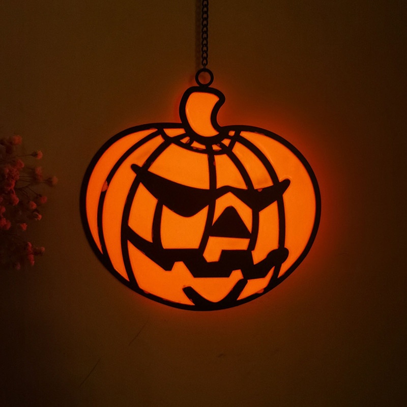 Ornamen Liontin Labu Halloween Luminous Bahan Kaca Untuk Taman Halaman Indoor Outdoor