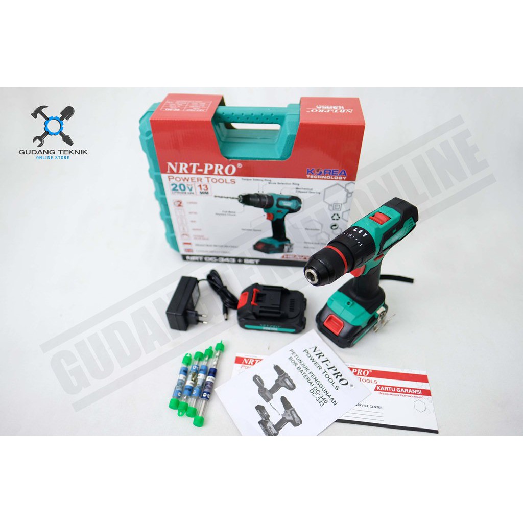 NRT PRO 343 / Cordless NRT PRO DC343 SET 20V Mesin Bor Baterai Portable Impact Hammer Drill 13mm